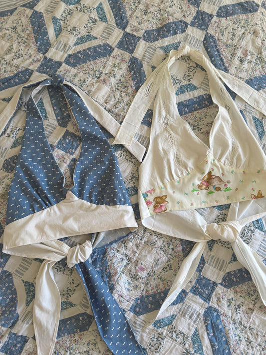 handmade vintage fabric halter top - blue dots patchwork