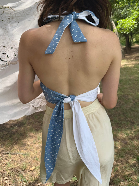 handmade vintage fabric halter top - blue dots patchwork