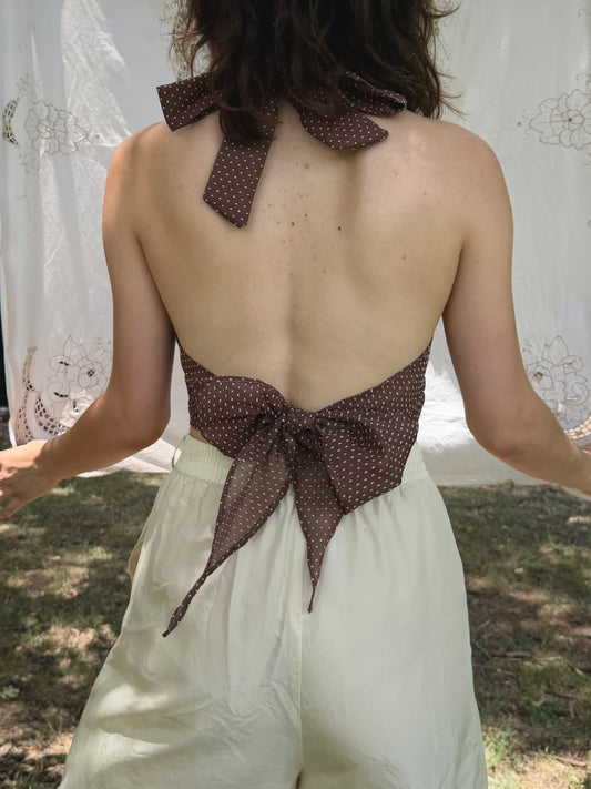 handmade vintage fabric halter top - brown dots