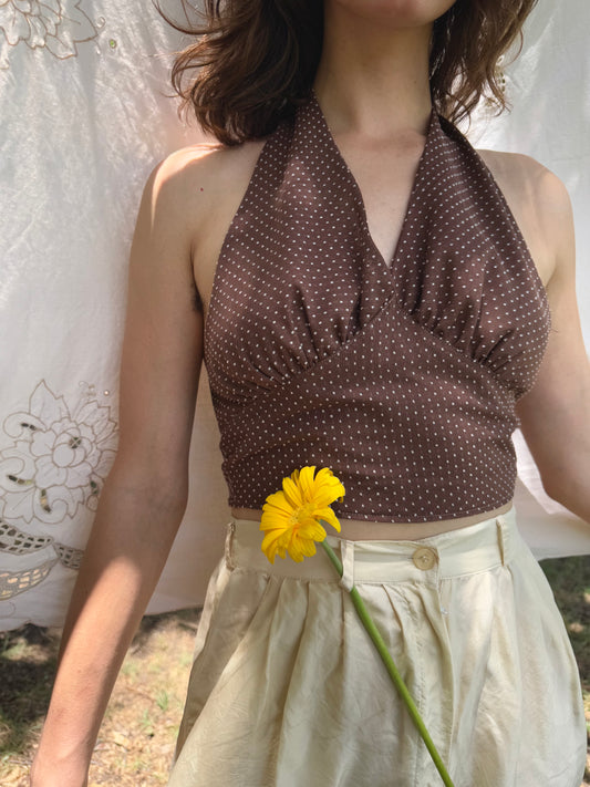handmade vintage fabric halter top - brown dots