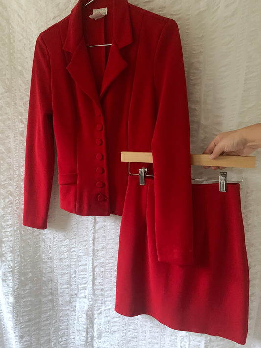 90s cherry red skirt suit