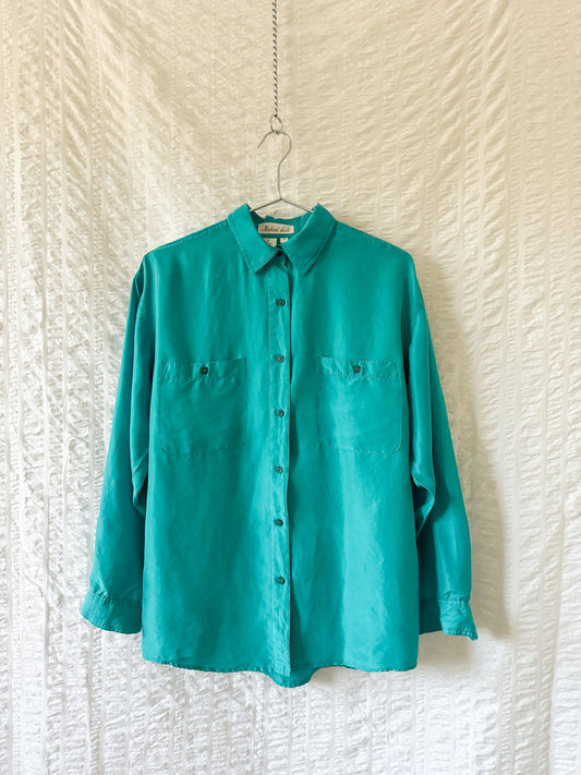 teal oversized silk button up