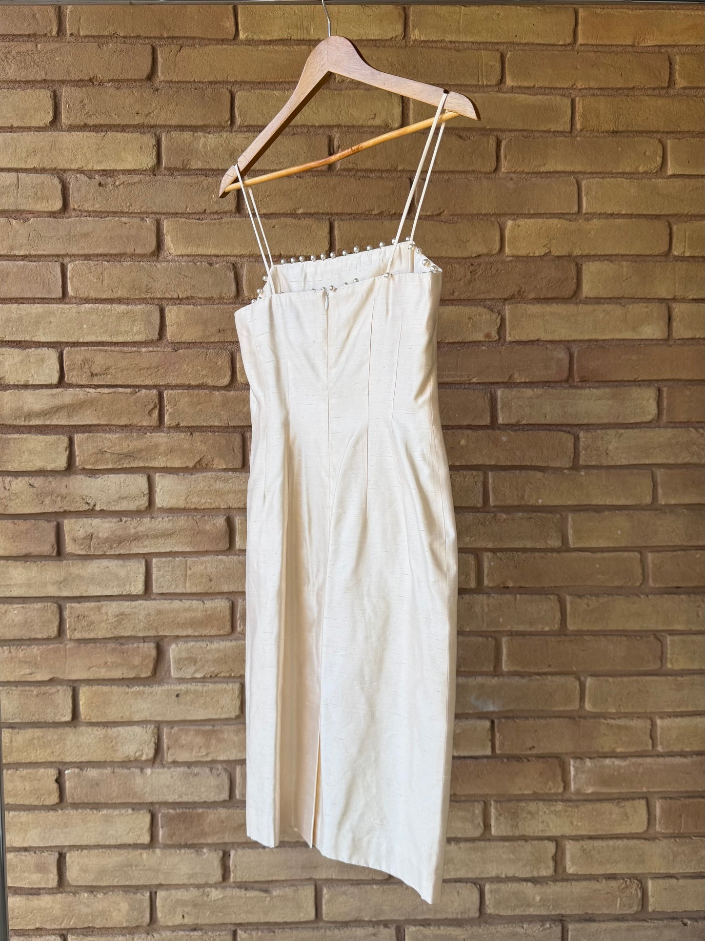 90s raw silk pearl trim dress set