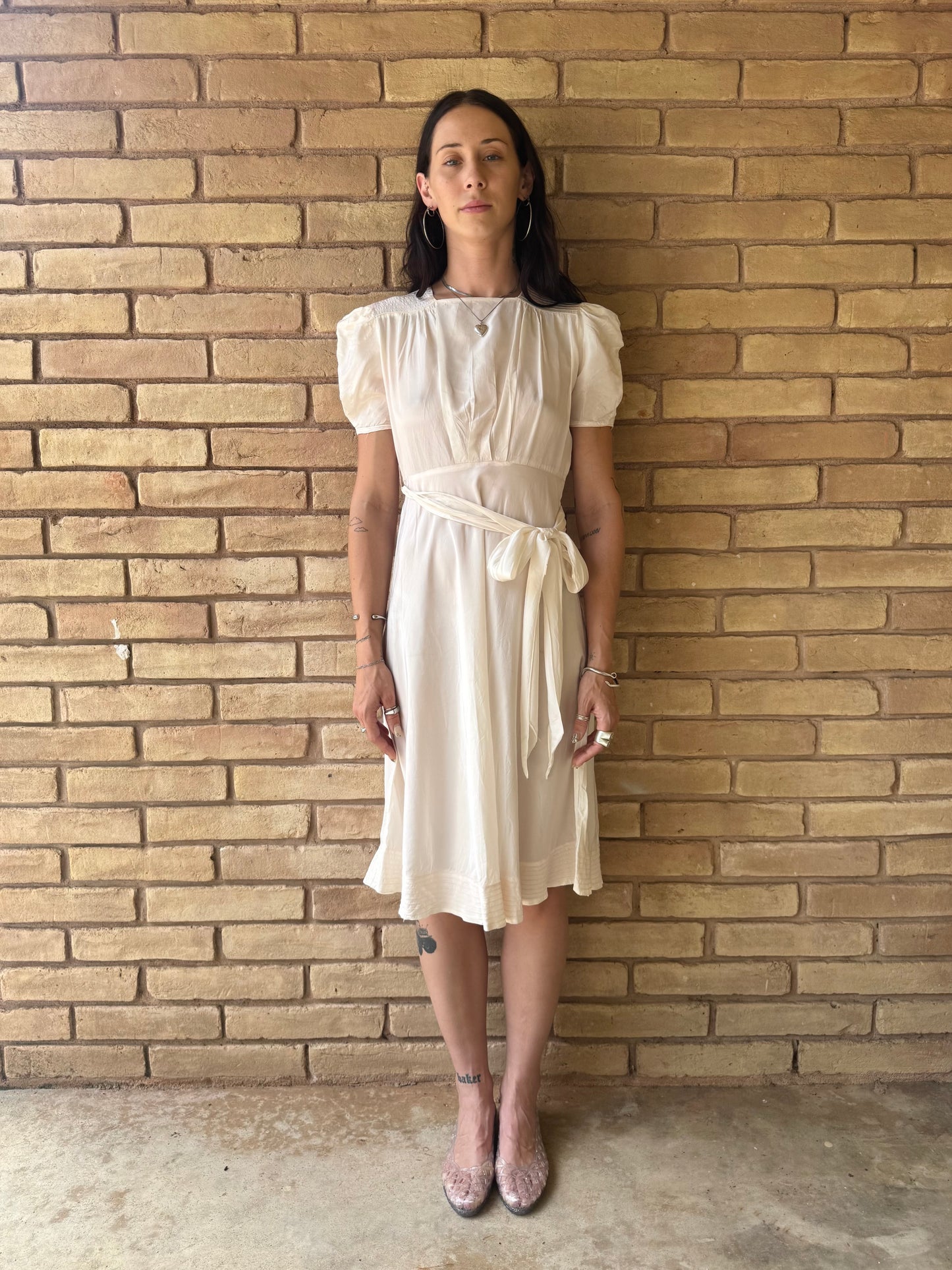 30s palest pink puff sleeve dress | S