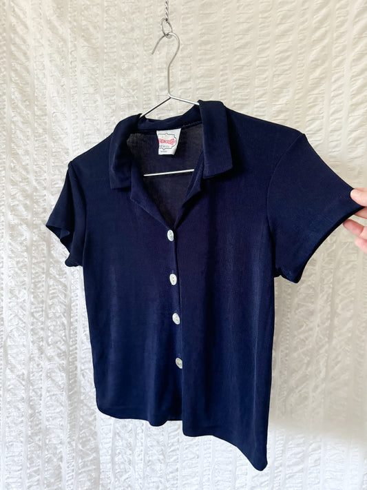 90s navy slinky button up top