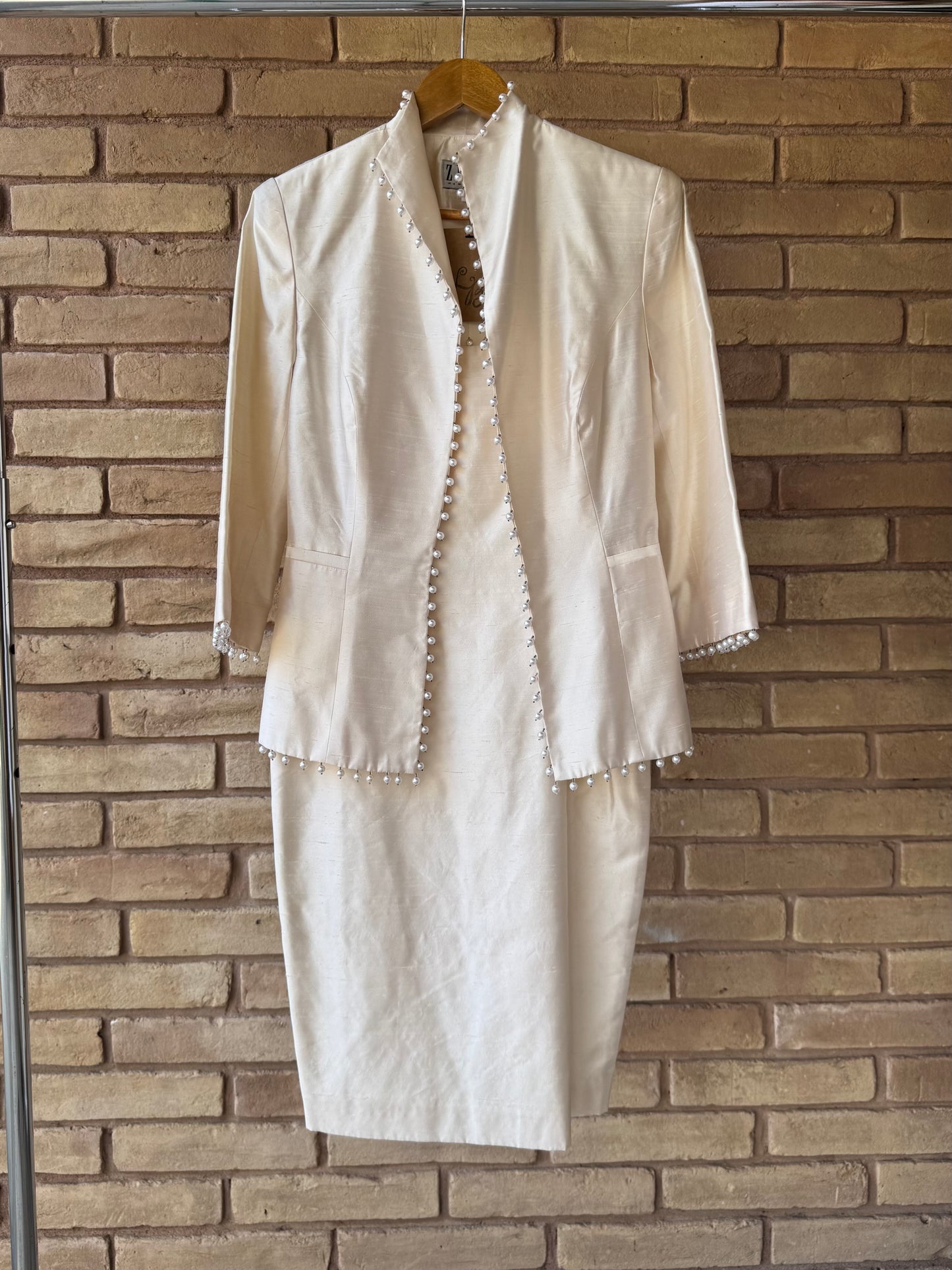 90s raw silk pearl trim dress set