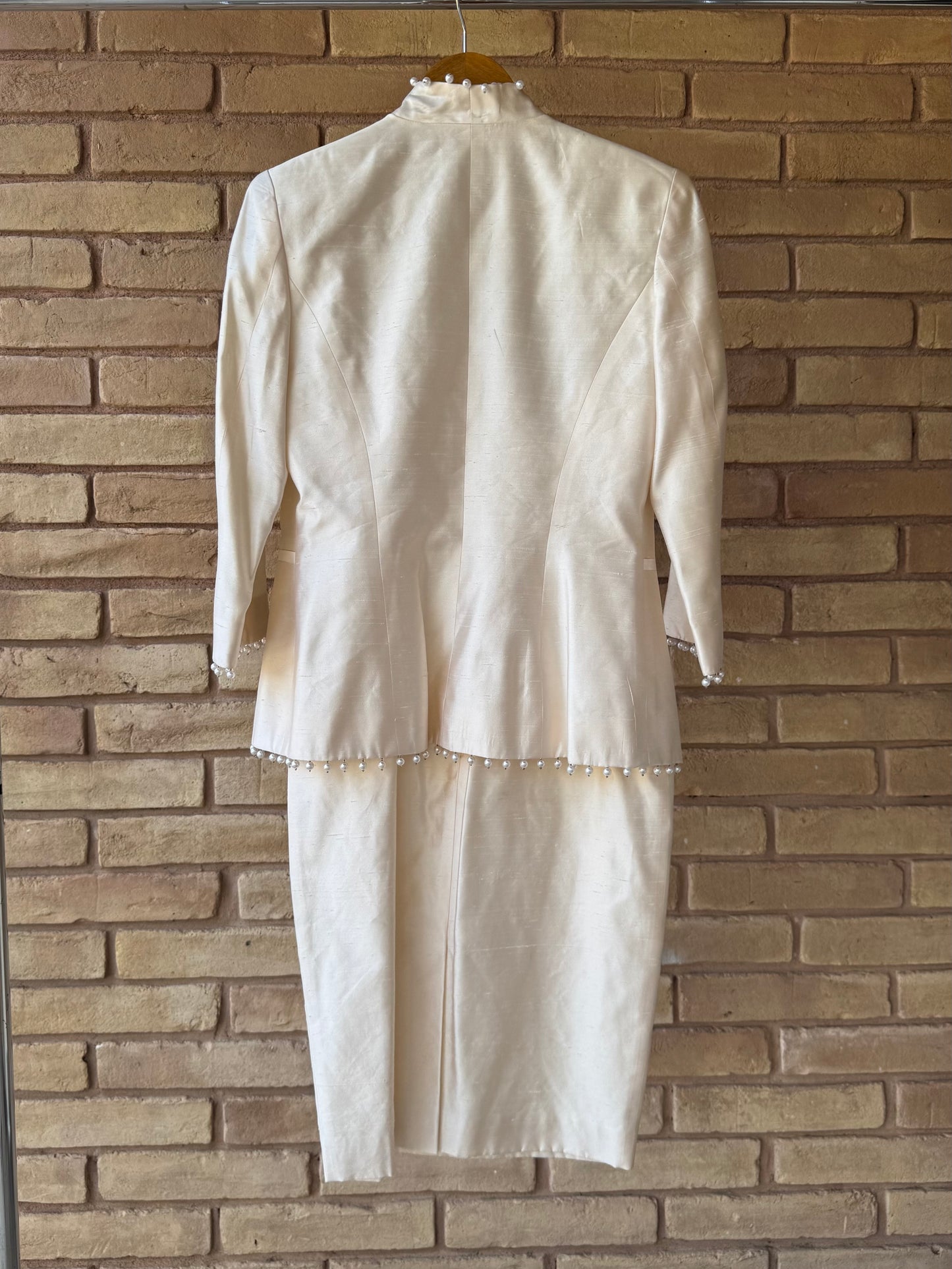 90s raw silk pearl trim dress set