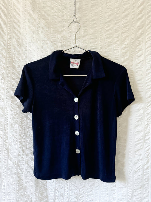 90s navy slinky button up top