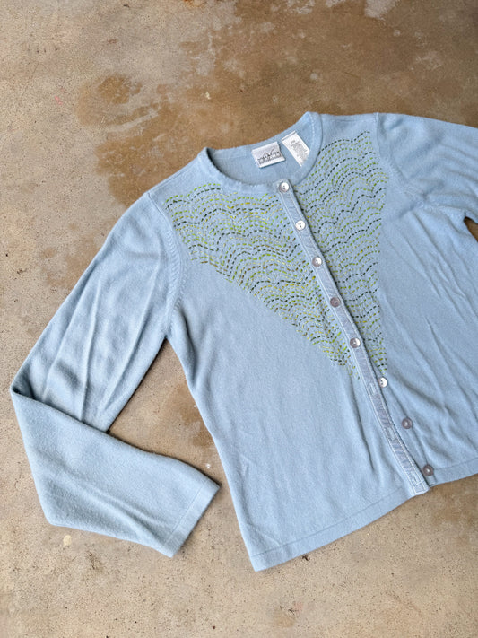 powder blue embroidered cardigan