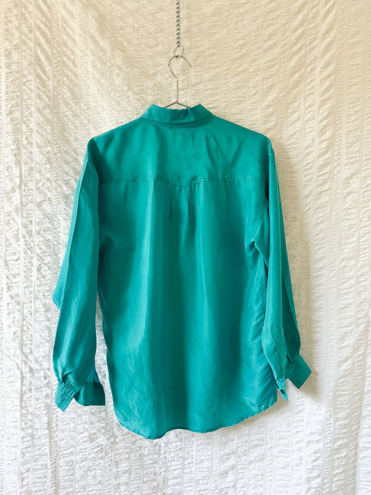 teal oversized silk button up