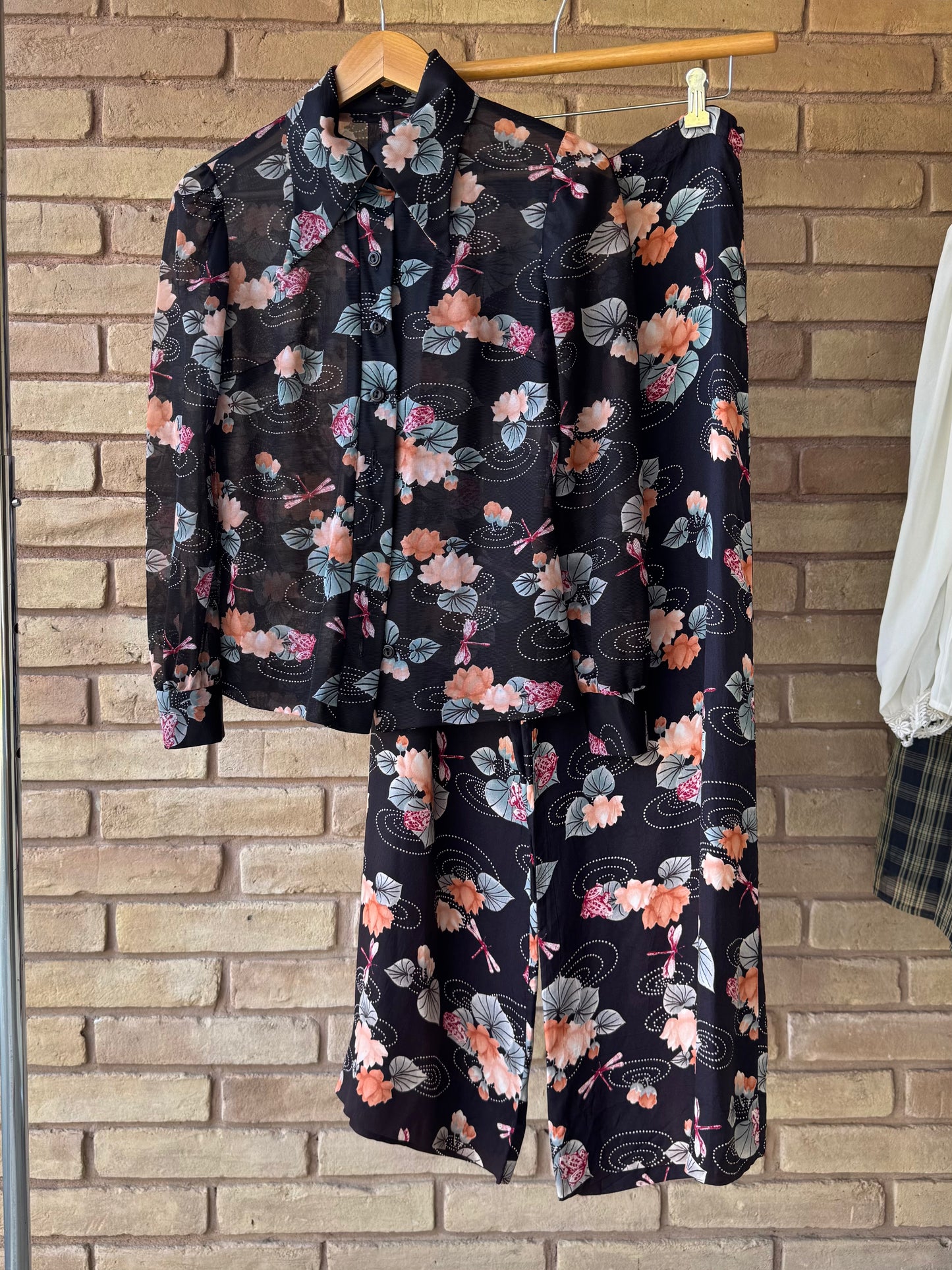 70s frog print wide leg pant set